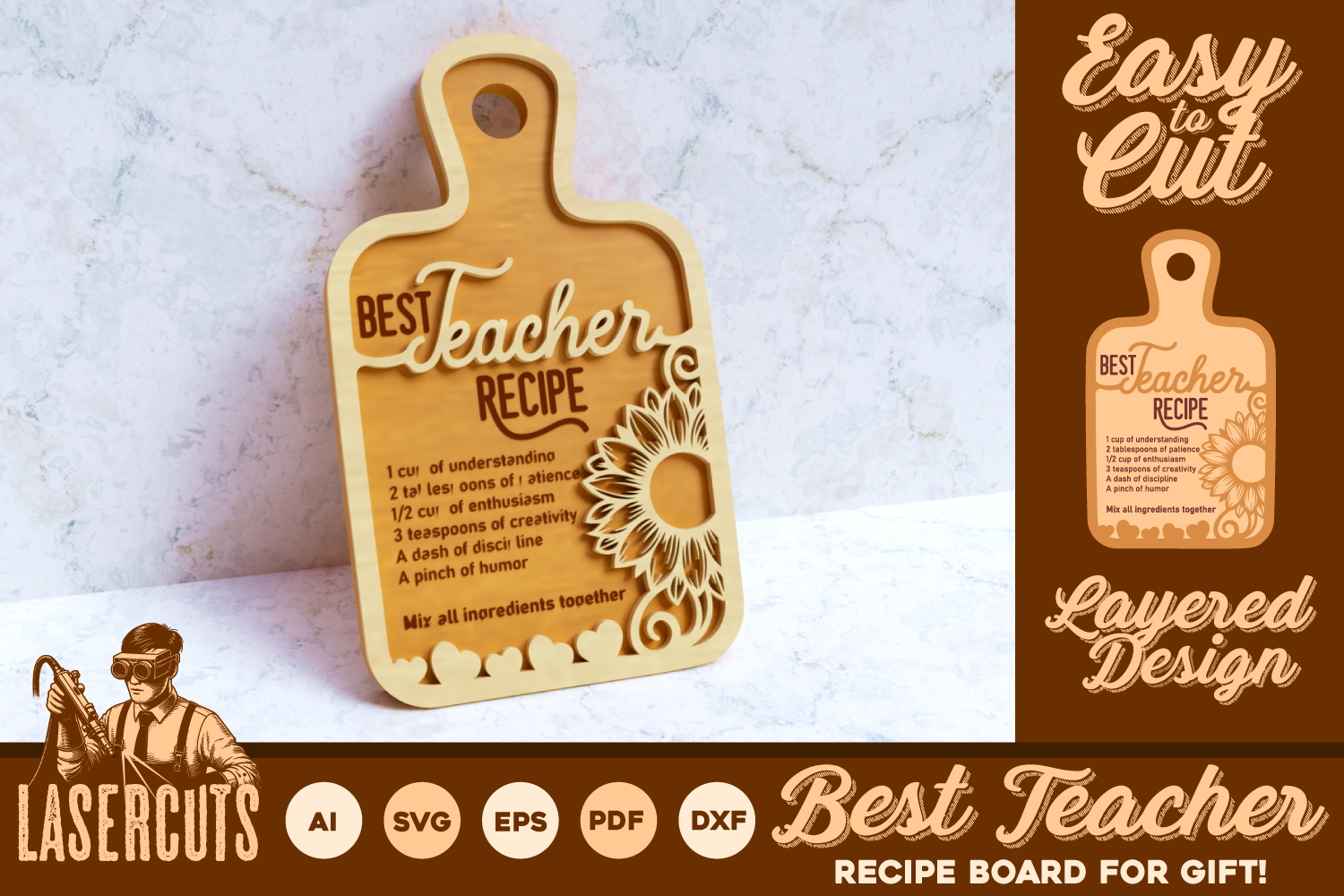 Best Teacher Ever Cutting Board Kitchen Decoration Laser Cut Design