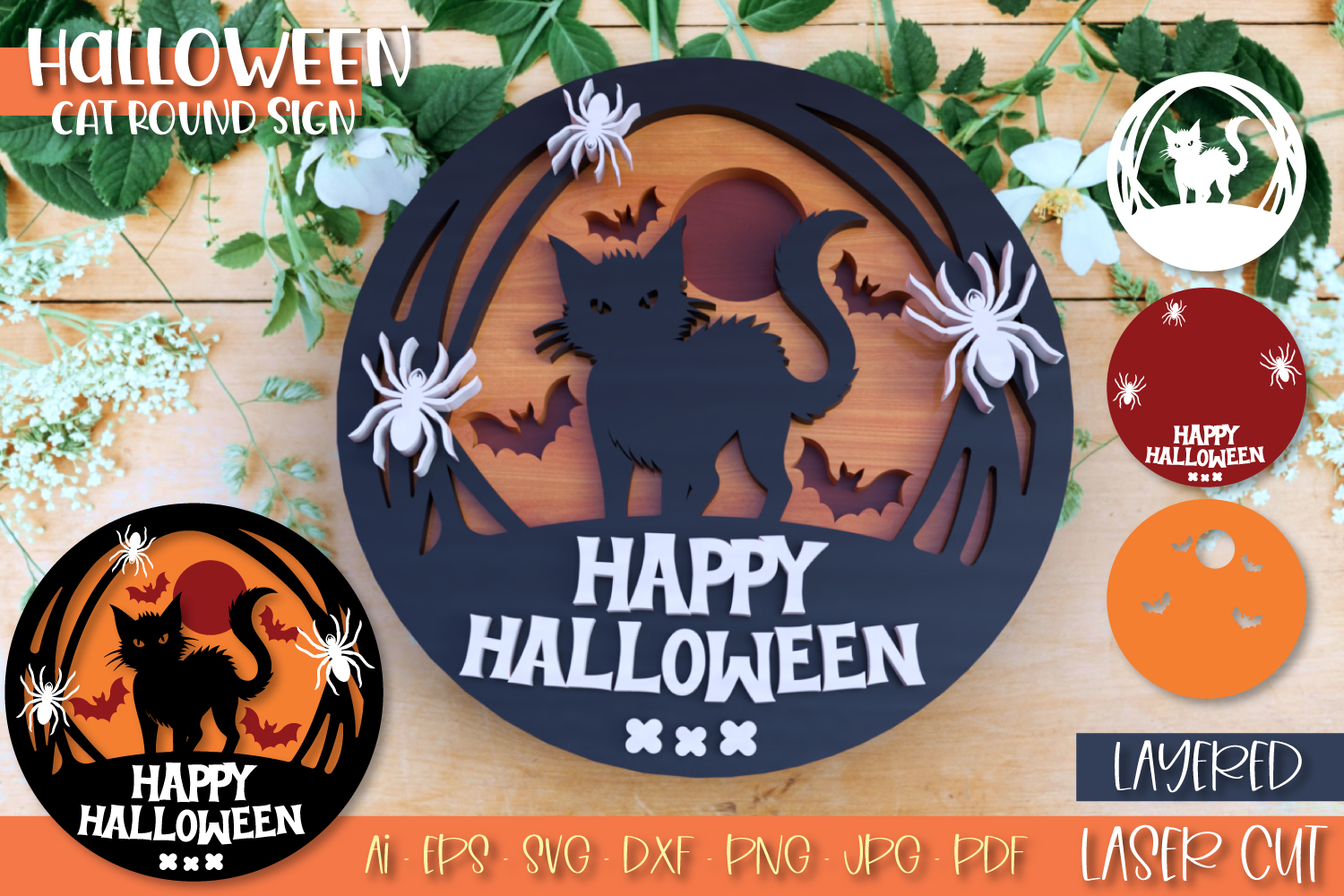 Happy Halloween Cat Welcome Door Sign Laser Cut