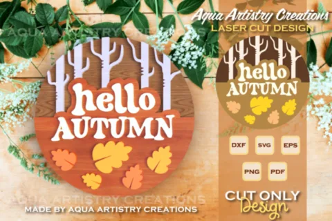 Hello Autumn Round Sign Welcome Door Laser Cut Signs SVG Files