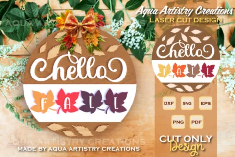 Hello Fall Round Welcome Door Sign Laser Cut SVG design
