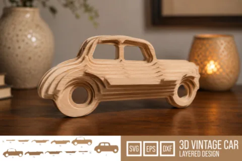 3D Contour Layered Vintage Car Laser Cut Design