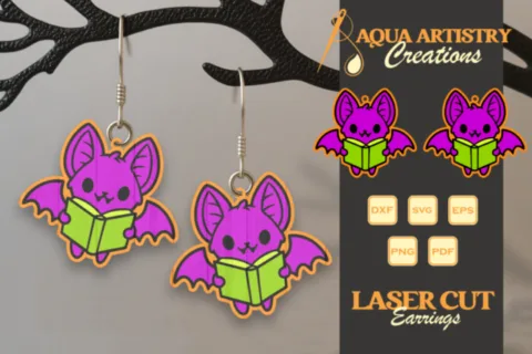 Bat Reading Book Laser Cut Earring Design