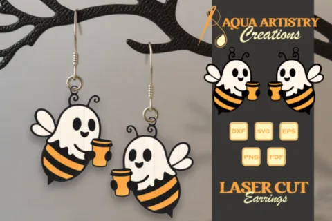 Boo Bee Holding Cup of Coffee Laser Cut Earrings