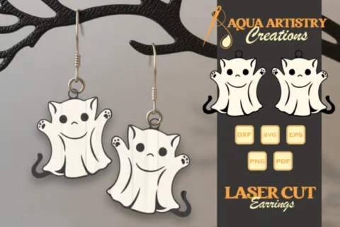Spooky Boo Cat Cute Laser Cut Earrings and Keychain