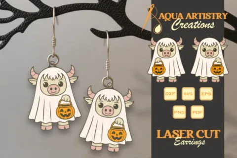 Highland Cow Halloween Ghost Costume Laser Cut Earrings