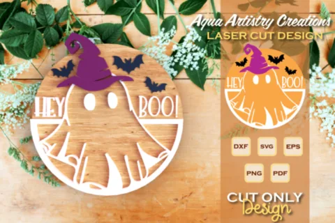 Halloween Boo Ghost Wearing Witch Hat Round Welcome Sign